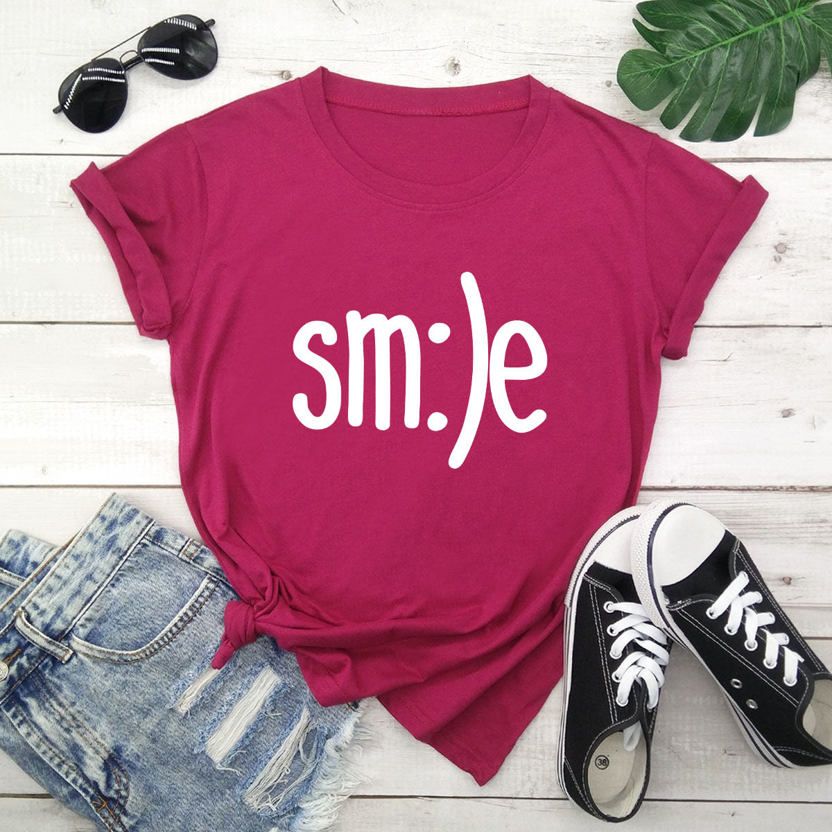  "Radiate positivity with our New Smile Letter Printed T-Shirt for Women. Casual comfort meets joyful style!" image  1