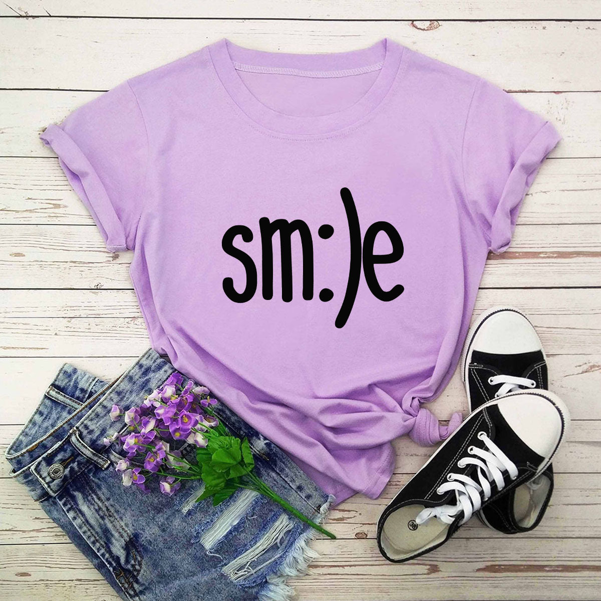  "Radiate positivity with our New Smile Letter Printed T-Shirt for Women. Casual comfort meets joyful style!" image  12