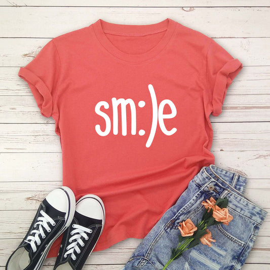  "Radiate positivity with our New Smile Letter Printed T-Shirt for Women. Casual comfort meets joyful style!" image  1