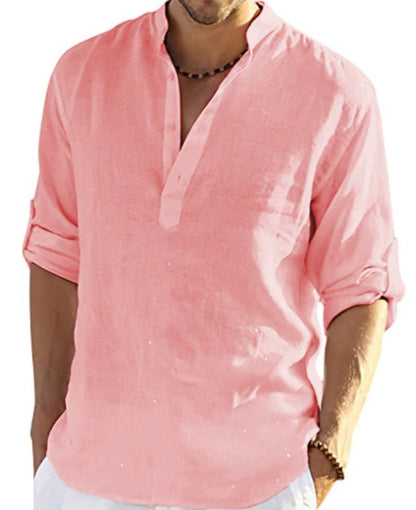 "Effortless style: Men's Cotton Linen Long Sleeve Shirt with a relaxed fit and stand collar." image  14
