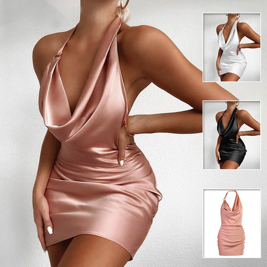 "Shop our V Neck Backless Satin Party Dress for a chic summer look!"