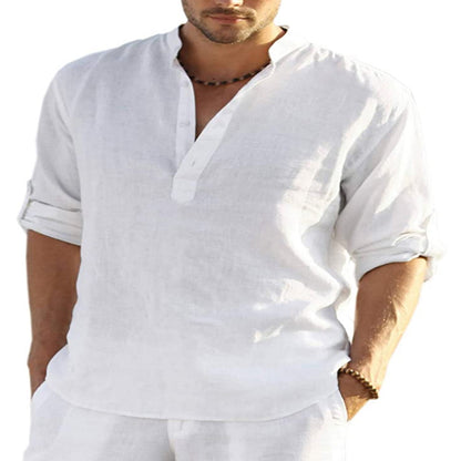 "Effortless style: Men's Cotton Linen Long Sleeve Shirt with a relaxed fit and stand collar." image  2