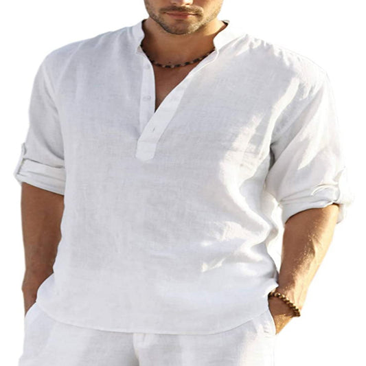 "Effortless style: Men's Cotton Linen Long Sleeve Shirt with a relaxed fit and stand collar." image  2