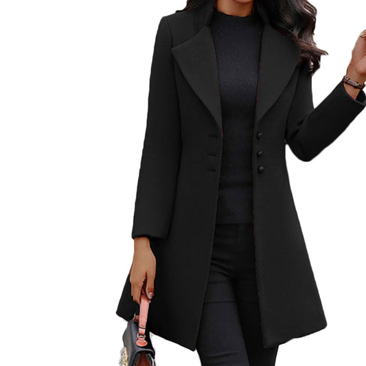  "Elegant winter warmth: Women's Single-Breasted Slim-Fit Lapel Coat. A chic essential for seasonal style."