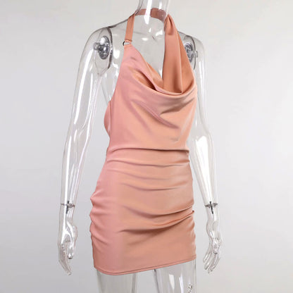 "Shop our V Neck Backless Satin Party Dress for a chic summer look!"