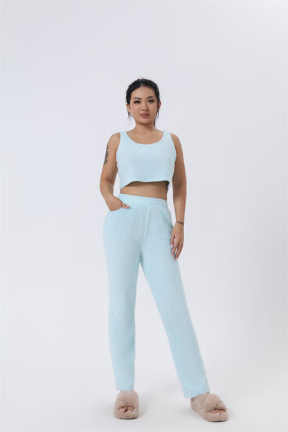  "Chic Knitted Lounge Fuzzy Set: Open Front Cardigan, Crop Tops, Wide-leg Pants. Elevate your style!" image 3
