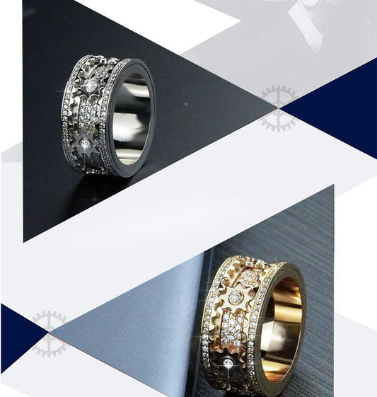 "Dazzle in style with our inlaid stone ring featuring gypsophila diamonds and a trendy rotating gear." image 2
