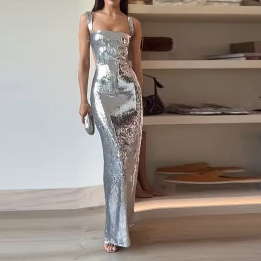"Shop the allure of Sequin Sling Backless Dress at Yuchimagic store for dazzling, chic elegance."