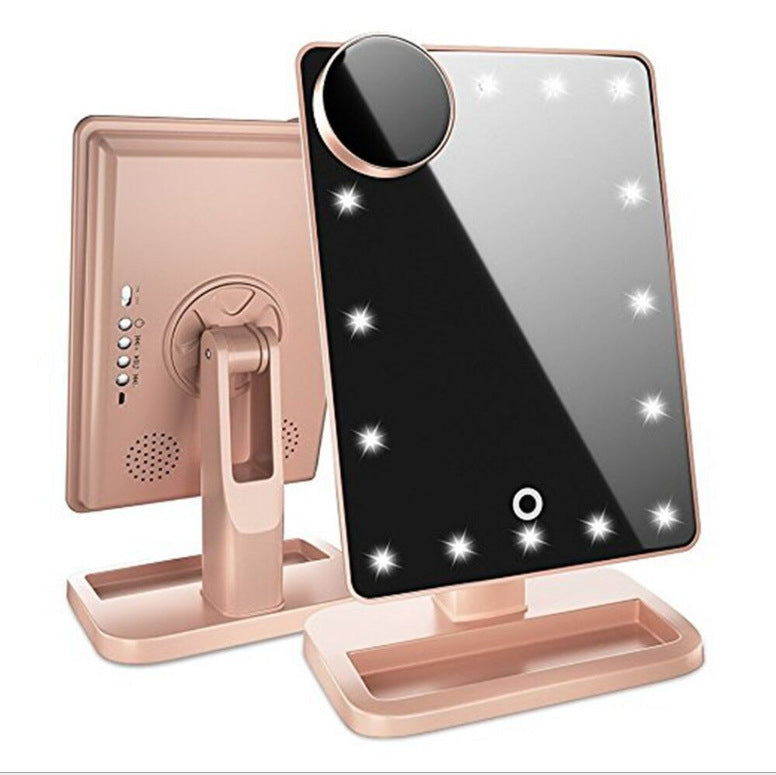 "Ringlight mirror with touch screen, LED lights, Bluetooth speaker, and 10X magnification - available now!"