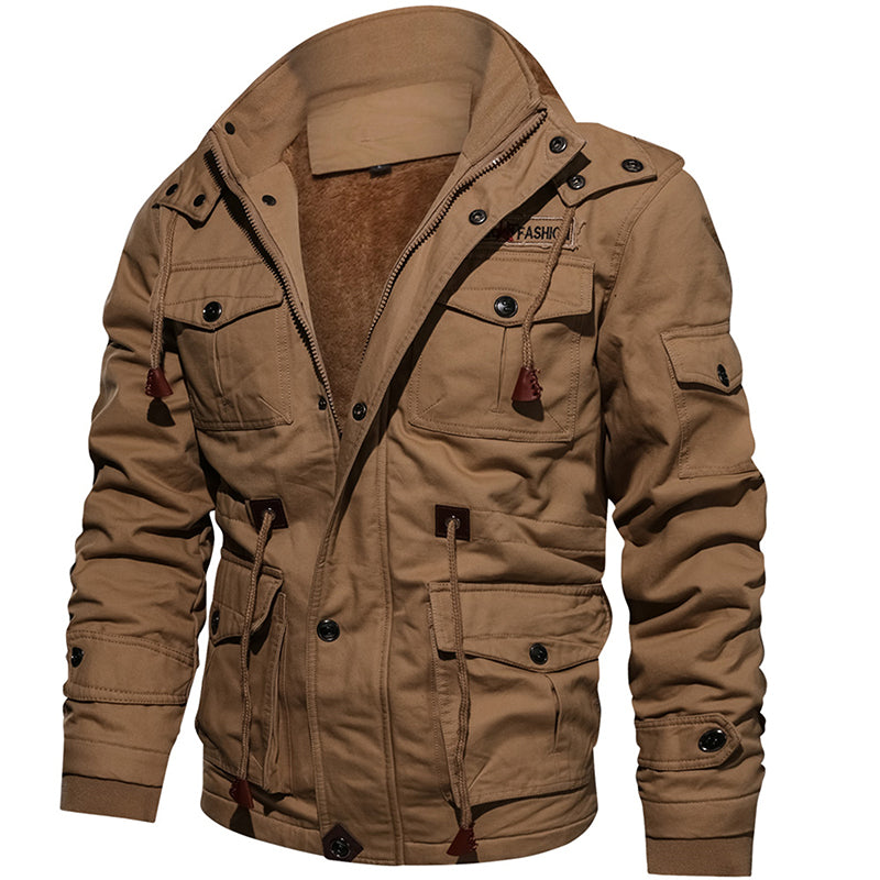 "Elevate winter style with our Men's Warm Hooded Fleece Jacket. Military-inspired design for ultimate comfort."