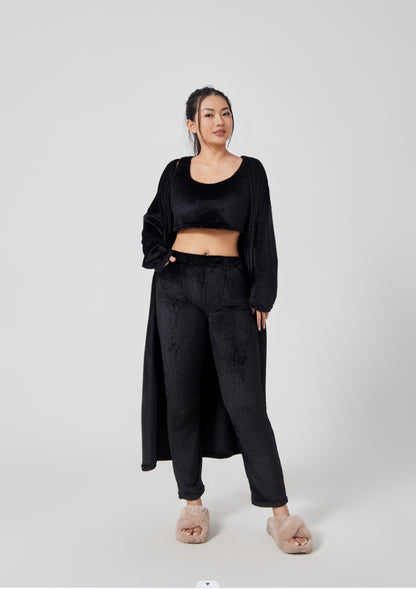  "Chic Knitted Lounge Fuzzy Set: Open Front Cardigan, Crop Tops, Wide-leg Pants. Elevate your style!" image 9