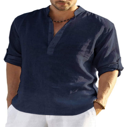 "Effortless style: Men's Cotton Linen Long Sleeve Shirt with a relaxed fit and stand collar." image  5