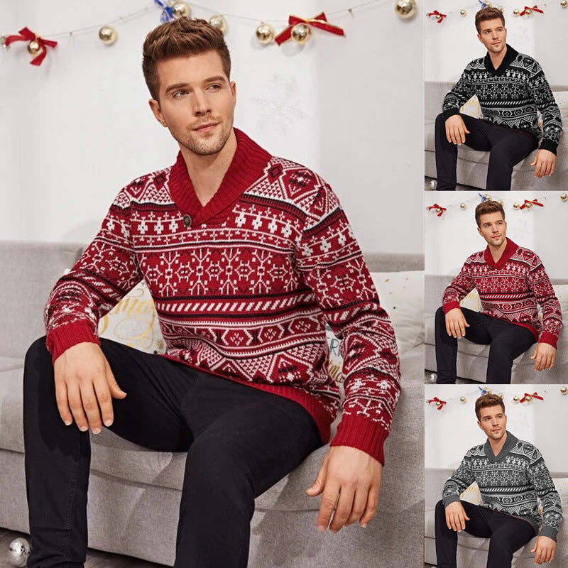 "Embrace festive style with our Christmas Elk Lapel Knitted Sweater for men. Shop warmth and style!" image 1