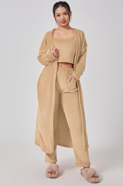  "Chic Knitted Lounge Fuzzy Set: Open Front Cardigan, Crop Tops, Wide-leg Pants. Elevate your style!" image 11