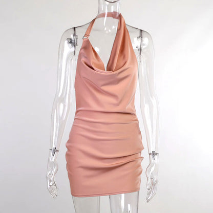 "Shop our V Neck Backless Satin Party Dress for a chic summer look!"