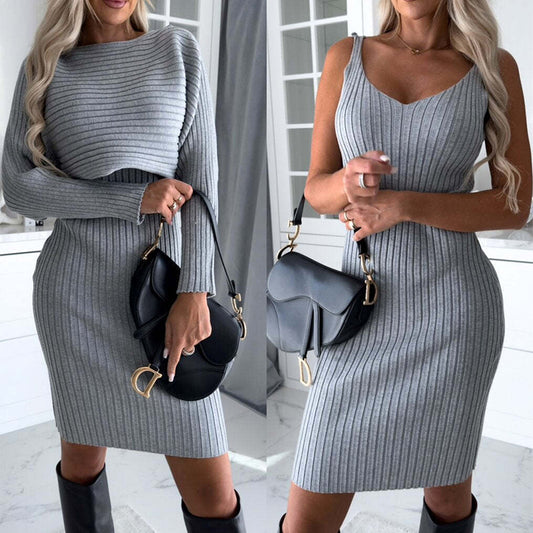 "Autumn elegance: Striped Long-sleeve Top paired with Tight Suspender Skirt. Slim fashion perfection awaits!" image 1