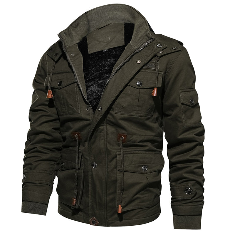 "Elevate winter style with our Men's Warm Hooded Fleece Jacket. Military-inspired design for ultimate comfort."