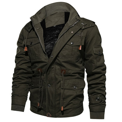 "Elevate winter style with our Men's Warm Hooded Fleece Jacket. Military-inspired design for ultimate comfort."