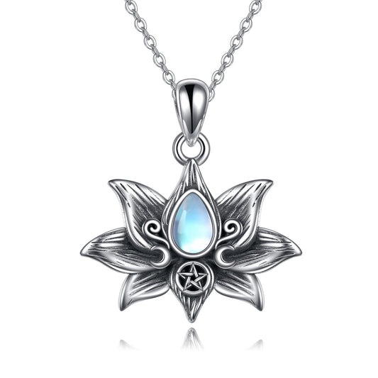 Silver Moonstone Lotus Flower necklace, Pendant Necklace, Jewelry Gifts for Women