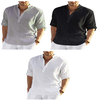 "Effortless style: Men's Cotton Linen Long Sleeve Shirt with a relaxed fit and stand collar." image 11