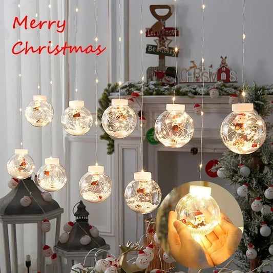 "Festive LED Christmas Curtain Lamp String for charming Christmas window decor. Snowman and Wishing Ball theme." image  1
