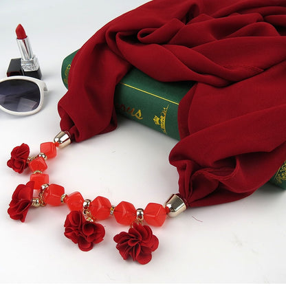 Women Printed Chiffon Ring Scarf Hijabs Multi-style Jewelry Necklace Flower Pendant Scarf