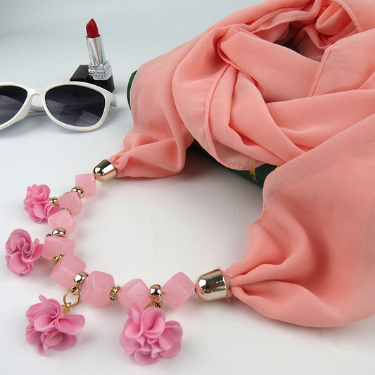 Women Printed Chiffon Ring Scarf Hijabs Multi-style Jewelry Necklace Flower Pendant Scarf