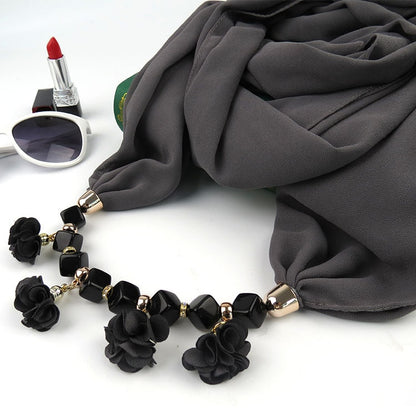 Women Printed Chiffon Ring Scarf Hijabs Multi-style Jewelry Necklace Flower Pendant Scarf