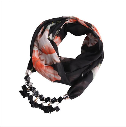 Women Printed Chiffon Ring Scarf Hijabs Multi-style Jewelry Necklace Flower Pendant Scarf