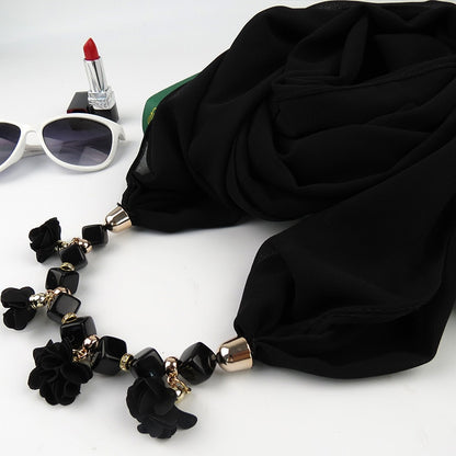 Women Printed Chiffon Ring Scarf Hijabs Multi-style Jewelry Necklace Flower Pendant Scarf