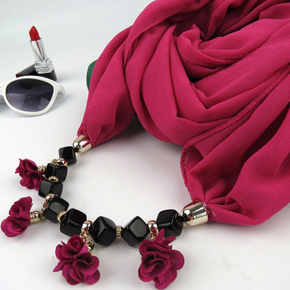 Women Printed Chiffon Ring Scarf Hijabs Multi-style Jewelry Necklace Flower Pendant Scarf