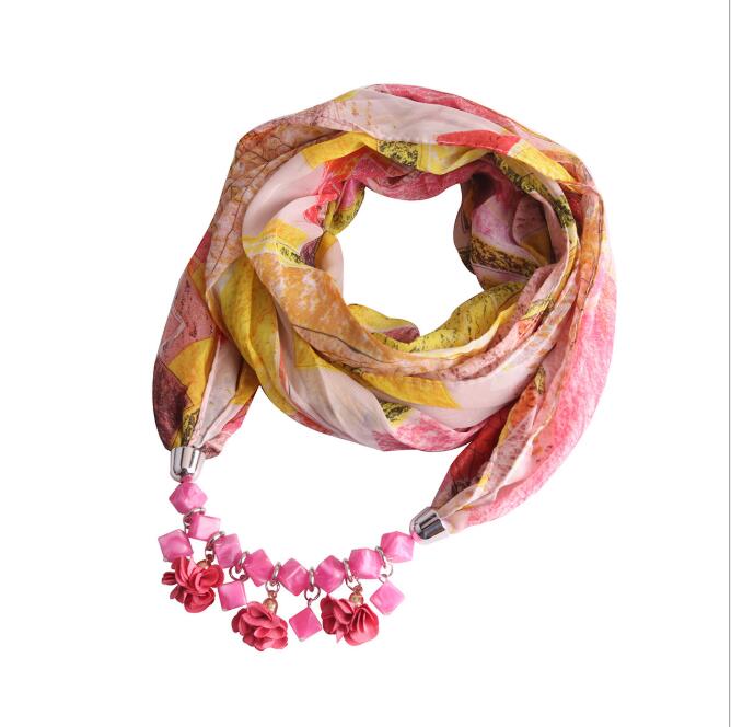 Women Printed Chiffon Ring Scarf Hijabs Multi-style Jewelry Necklace Flower Pendant Scarf