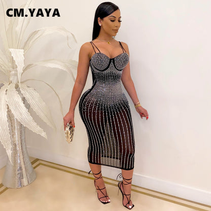 CM.YAYA Mesh See Though Hot Rhinestones Plunging V-neck Midi Bodycon Dress for Women
