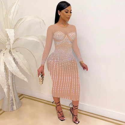 CM.YAYA Mesh See Though Hot Rhinestones Plunging V-neck Midi Bodycon Dress for Women
