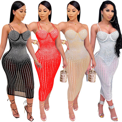 CM.YAYA Mesh See Though Hot Rhinestones Plunging V-neck Midi Bodycon Dress for Women
