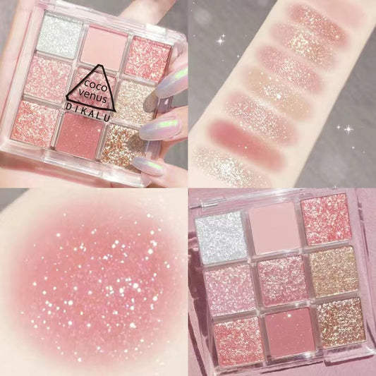 Paleta de sombra de ojos de nueve colores, brillo púrpura Iris, paleta de sombra de ojos nacarada, moda coreana brillante, maquillaje de ojos encantador