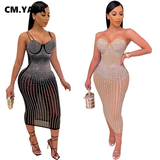 CM.YAYA Mesh See Though Hot Rhinestones Plunging V-neck Midi Bodycon Dress for Women
