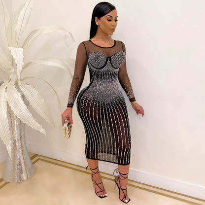 CM.YAYA Mesh See Though Hot Rhinestones Plunging V-neck Midi Bodycon Dress for Women