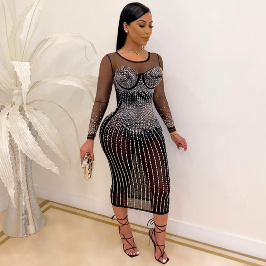 CM.YAYA Mesh See Though Hot Rhinestones Plunging V-neck Midi Bodycon Dress for Women