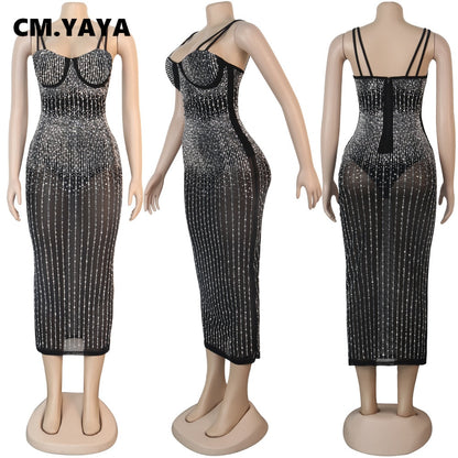 CM.YAYA Mesh See Though Hot Rhinestones Plunging V-neck Midi Bodycon Dress for Women