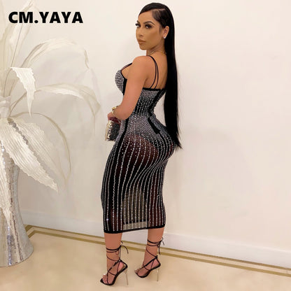 CM.YAYA Mesh See Though Hot Rhinestones Plunging V-neck Midi Bodycon Dress for Women