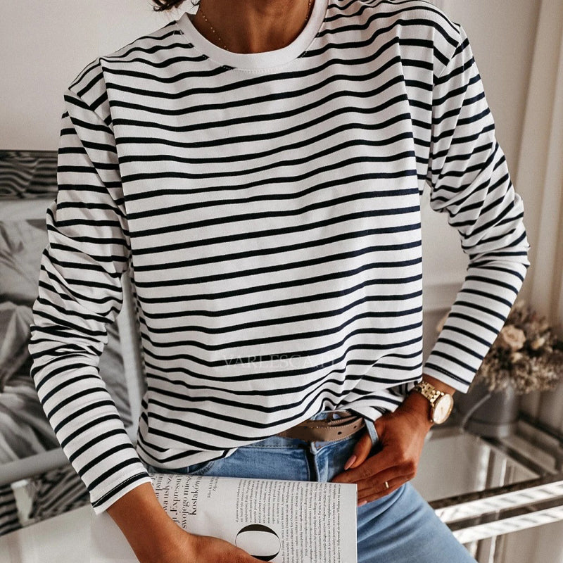 Women Black And White Stripes O Neck Casual Tops Long Sleeve Loose Pullover