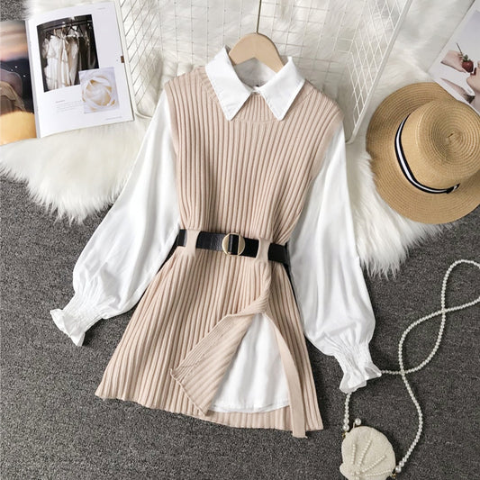 Long lantern sleeve shirt women knitted vest 2 two piece set 2022
