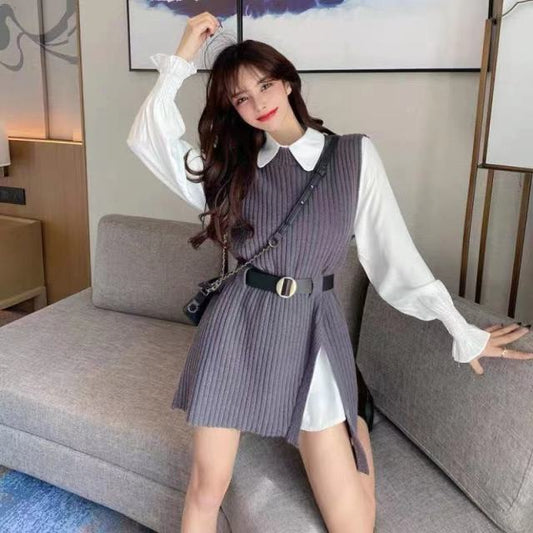 Long lantern sleeve shirt women knitted vest 2 two piece set 2022