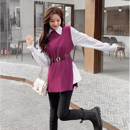 Long lantern sleeve shirt women knitted vest 2 two piece set 2022