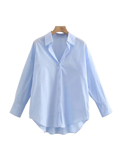 TRAF Women Fashion Loose Asymmetry Poplin Blouses Vintage Long Sleeve