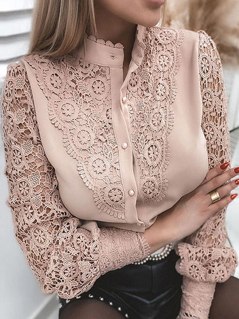 Elegant Women&#39;s Blouse Vintage Lace Spliced Long Sleeve Pink Button Up Woman Shirt Tops