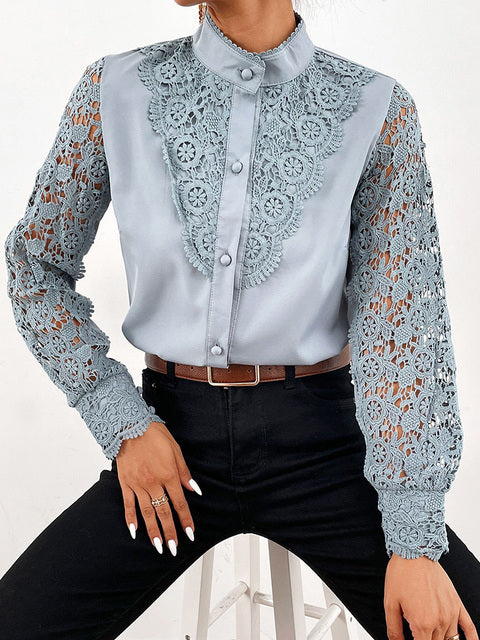 Elegant Women&#39;s Blouse Vintage Lace Spliced Long Sleeve Pink Button Up Woman Shirt Tops