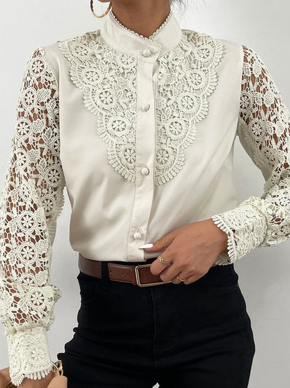 Elegant Women&#39;s Blouse Vintage Lace Spliced Long Sleeve Pink Button Up Woman Shirt Tops
