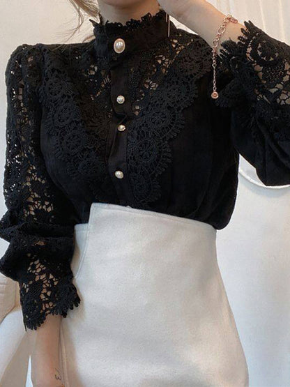 Elegant Women&#39;s Blouse Vintage Lace Spliced Long Sleeve Pink Button Up Woman Shirt Tops